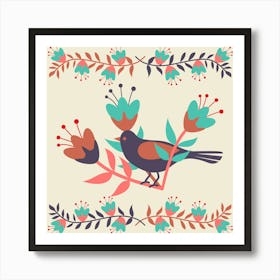 Birds Flowers Floral Vintage Nature Plants Little Birds Flowery Art Print