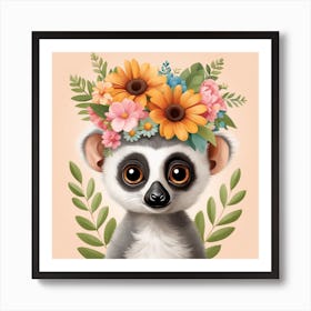 Floral Baby Lemur Nursery Illustration (28) Art Print