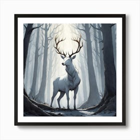 A White Stag In A Fog Forest In Minimalist Style Square Composition 60 Art Print