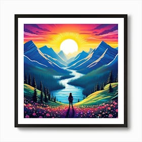 Sunset In The Mountains, Travel Posters A Retro-Inspired Travel Posters Showcasing Iconic Destination Art Print