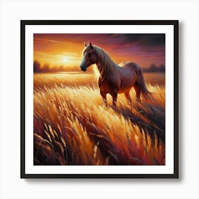 Horse In A Field At Sunset 1 Art Print