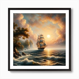 Sailing Ship At Sunset Dreamscape Art Print