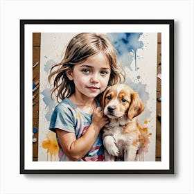 Water Colored Painting Of A Girl Child With Her Puppy 2d Art Water Color Spray 32k Resolution 43913497 Art Print