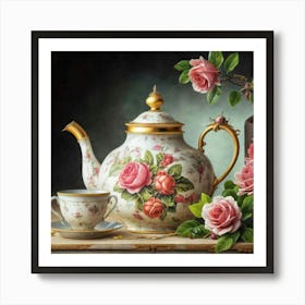 A very finely detailed Victorian style teapot with flowers, plants and roses in the center with a tea cup 2 Art Print