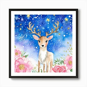 Watercolor Illustration Of A Charming Baby Reindeer With Soft Playful Antlers Nestled In A Snow Cov Art Print