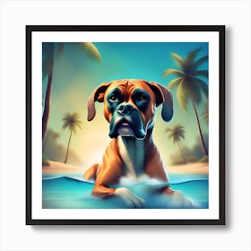 A dog boxer swimming in beach and palm trees 8 Art Print