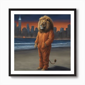 Lion In Beach Suit At Night, Downtown New York, By Vladimir Loz, In The Style Of Surrealistic Elemen (2) Art Print