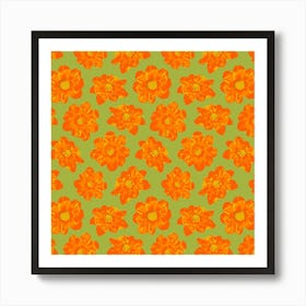 COSMIC COSMOS Multi Abstract Floral Summer Bright Flowers in Coral Orange Yellow on Lime Green Art Print