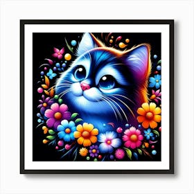 Blue Cat With Flowers Art Print