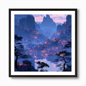 Chinese Village At Dusk Art Print