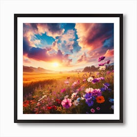 Sunset With Flowers Art Print