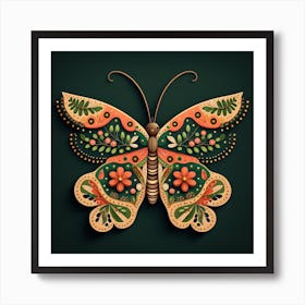 Colorful Butterfly With Orange Green Flowers Art Print