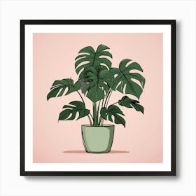 Monstera Plant, A Potted Monstera Plant With Soft Pink Leaves Set Against 3 Art Print