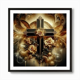 Cross And Roses Art Print