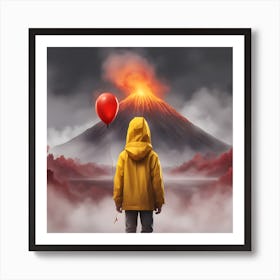 A Boy Wearing A Yellow Rain Coat Holding A Red Ballon Standing In Front Of A Smokey Volcano Digital Art Art Print