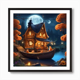 Halloween House On The Lake Art Print