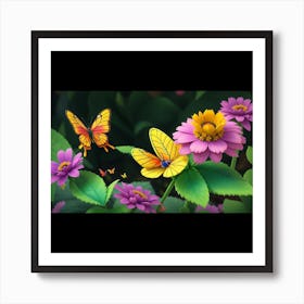 A beautiful 3D view of Butterfly with flowers. Art Print