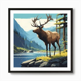 Elk By The Stream Art Print