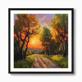 Forest Road at sunset Art Print