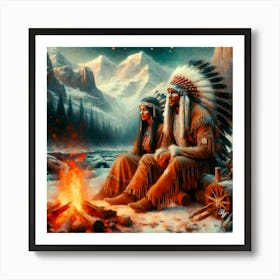 Oil Texture Native American Couple By Stream 3 Copy Art Print