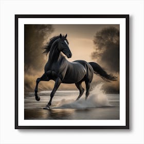 Black Horse Galloping In Water Art Print