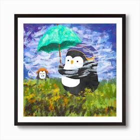 Penguin With Parasol Monet Art Series Art Print