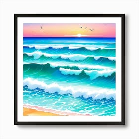 Ocean Sea Waves Beach At Sunset Art Print