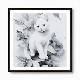 Black and White White Kitten In Autumn Leaves Art Print