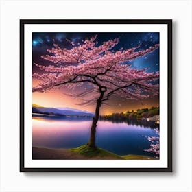 Cherry Blossom Tree At Night Art Print