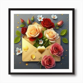 An open red and yellow letter envelope with flowers inside and little hearts outside 17 Art Print