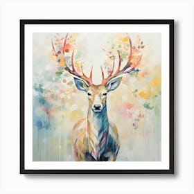 Rentier Hirsch Pastell Malerei mit Blumen Art Print