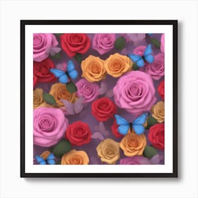 3d Roses And Butterflies Art Print