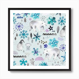 Scandi Bears Penguins Snow Square Art Print