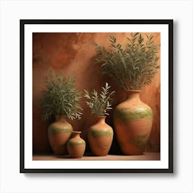 Teerracotta Vases Filled With Olive Green Plants Burnt Sienna Textured Walls Soft Lighting Art Print