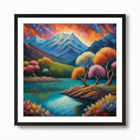 Enchanted Isle: Colorful Fantasy Landscape with Luminous Mountain Backdrop wall art Art Print