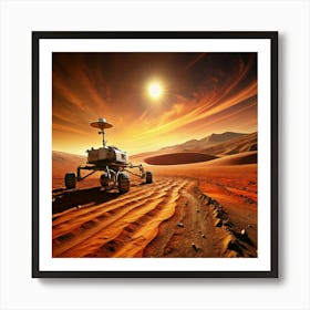 A Mars rover exploring the red planet's surface, with a dramatic sunset. Art Print