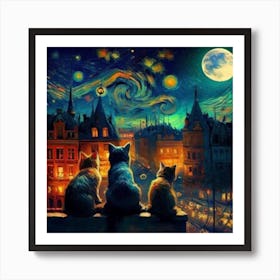 van goth cats staring at the moon Art Print