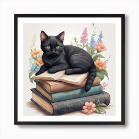 Black Cat On Books Art Print