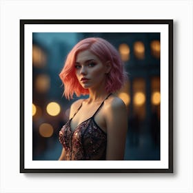 Pink Haired Woman At Night Art Print