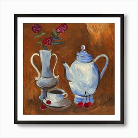 Still Life With A Teapot And A Vase - square orange impressionist impressionism kitchen art Anton Maliar Art Print