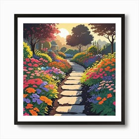 Colorful Landscape Painting With Flowering Daisies In Naive Art Style (2) Art Print