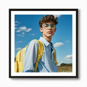 18 Year Old Boy Sporting Transparent Glasses Relaxed Posture Carrying A Light Blue Schoolbag With Art Print