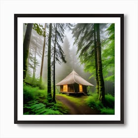 A Dense Forest With Trees And A Bright Hut With Bright Windows And Light Fog (1) Art Print