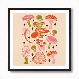 Texas Mushrooms   Bright Multicolor On Tan Square Art Print