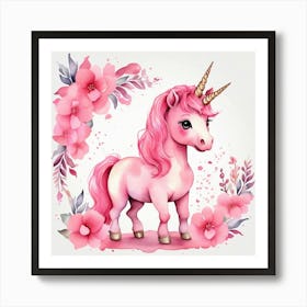 Pink Unicorn With Flowers Art Print