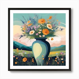 Flower Vase Decorated with Prairie Landscape, Blue, Orange and Green Art Print