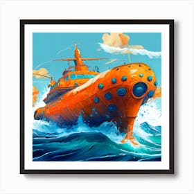 Orange Submarine In Ocean Spash Art Print