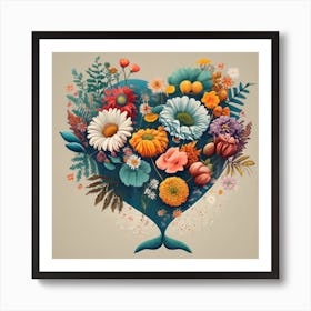 The heart of the blue whale is half composed of spring and autumn flowers Art Print