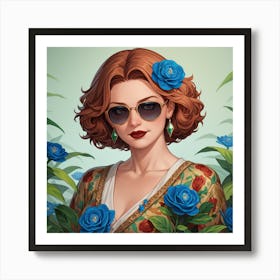 Woman In Sunglasses And Blue Flowers Art Print