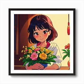 Anime Girl With Flowers 2 Art Print